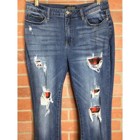 Judy Blue Distressed Skinny Jeans Size 15/32 Denim Ripped Red Plaid Patches - Picture 2 of 10